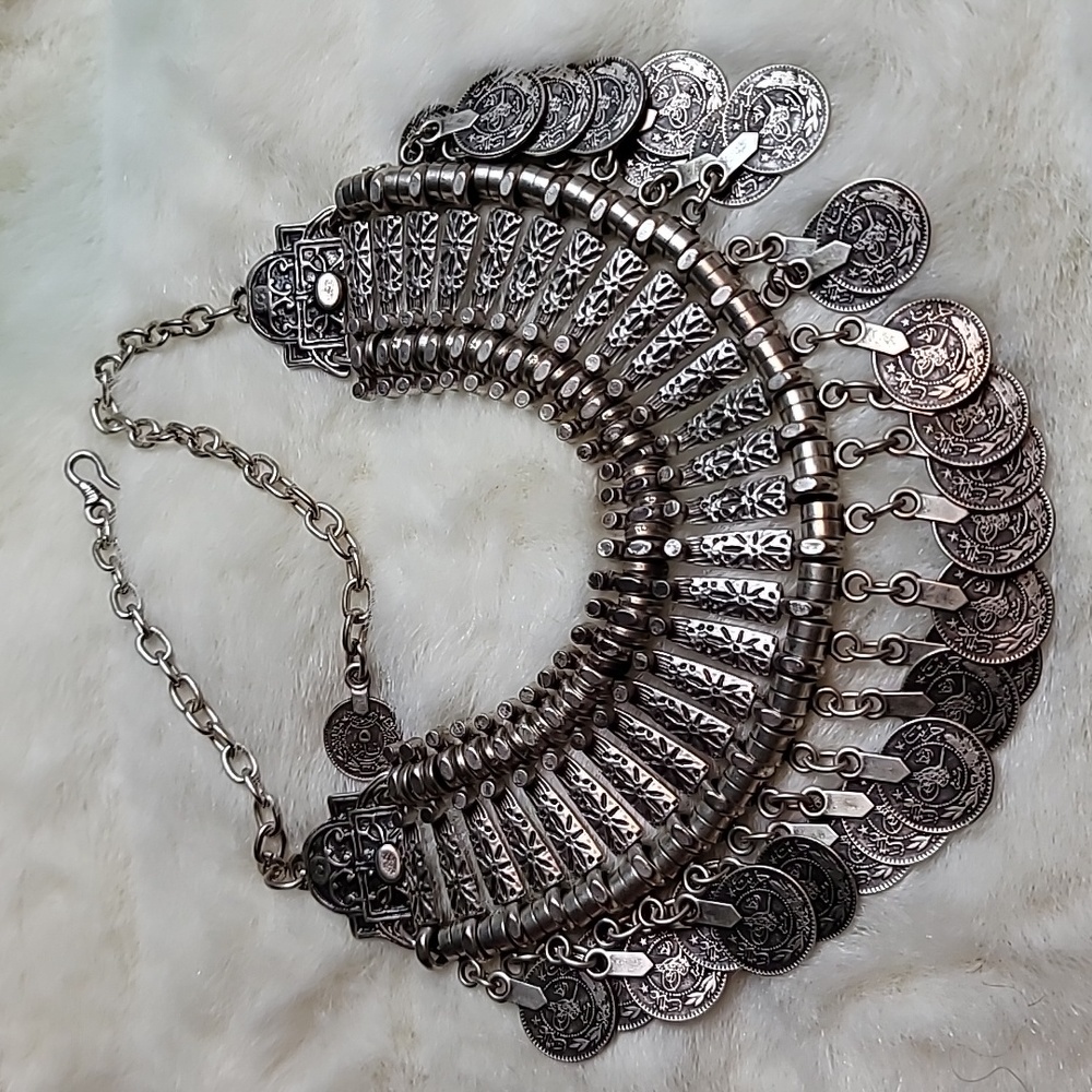 Silver Coin Bib Necklace - Statement piece